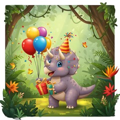 Party Dinosaur in Jungle  Fun Festive Illustration
