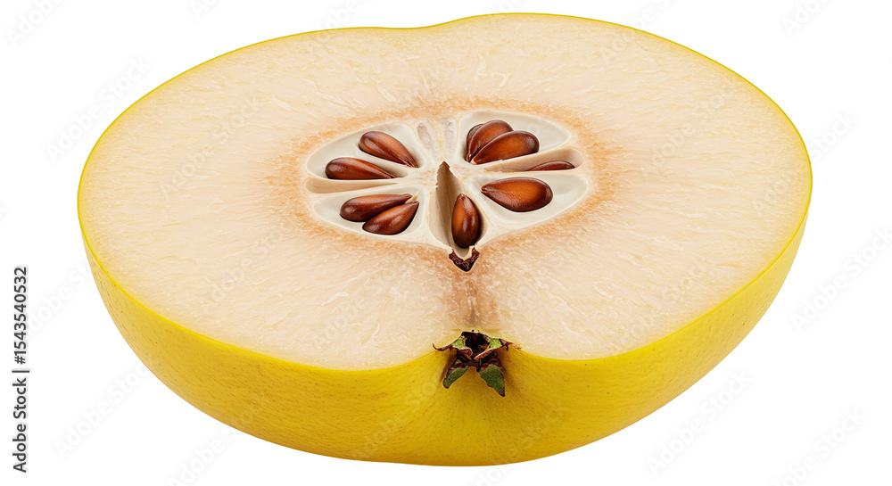 Poster a close-up image of a sliced quince fruit revealing its inner structure