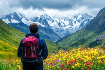 Person gazes at majestic snow-capped mountains.