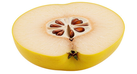 A close-up image of a sliced quince fruit revealing its inner structure