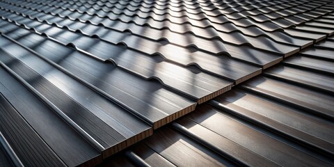 Obraz premium Modern Architectural Roofing Tiles Sunlight Illuminates the Interlocking Design of Durable, Weather-Resistant Roof Covering System