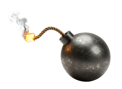 Burning fuse bomb exploding isolated on transparent background