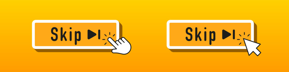 Two “Skip” buttons with play icons, clicked by hand and mouse cursors, set on yellow — representing digital media skipping interactions.