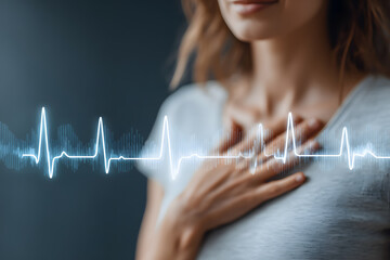 A person touches their chest while a heartbeat graphic overlays, signifying a moment of introspection and awareness
