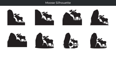 Fototapeta premium Various black silhouettes of moose animals with antlers in natural landscape designs