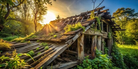 Sunlit Ruins of a Forgotten Wooden Structure Overgrown with Lush Vegetation in a Peaceful Forest