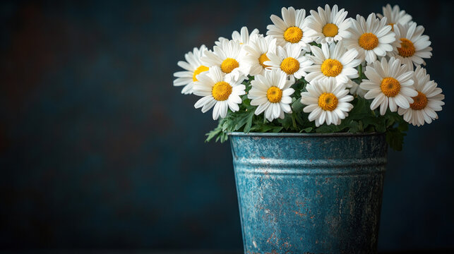 A bouquet of white daisies in a rustic tin bucket - Powered by Adobe