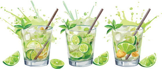 Set of three refreshing mojito or caipirinha cocktails with lime, mint, and ice splash. Watercolor vector illustration.
