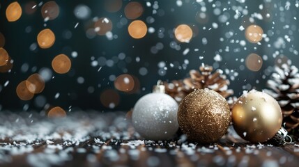 Festive Christmas ornaments among artificial snowflakes create a magical winter scene, sparking joy and warmth that embodies the holiday spirit and celebration.