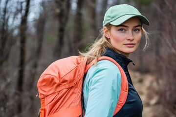 Woman with a backpack in a forest.