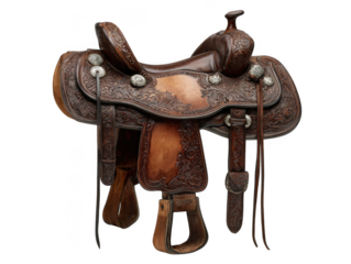 Ornate hand tooled leather western saddle isolated on transparent background