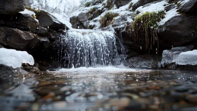 Tranquil Waterfall Surrounded by Snowy Rocks in a Winter Scene