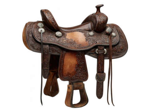 Ornate hand tooled leather western saddle isolated on transparent background
