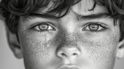Obraz premium Close-up grayscale portrait of a boy with freckles