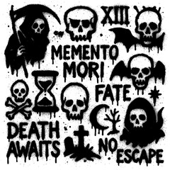 Death and Reaper Icons – Spray Paint Symbols with Blood Splatter Effect (Transparent PNG)