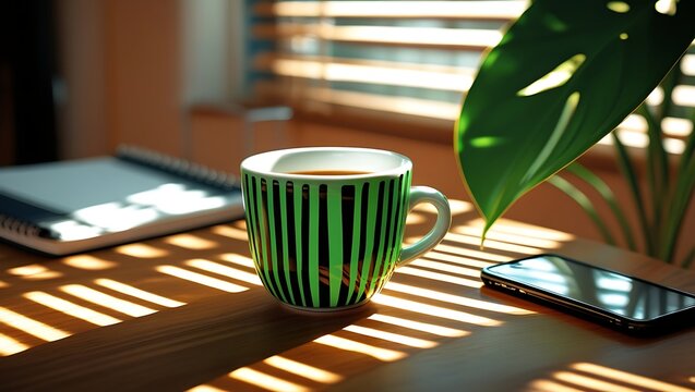 Morning coffee mug silhouette on wooden table