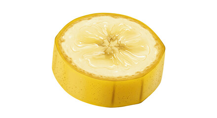 A close-up illustration of a sliced banana piece on a black background