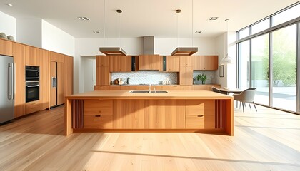 A wide shot of a modern, open plan kitchen with a large wooden island in the foreground, leading the eye into the spacious, bright room with large windows. 