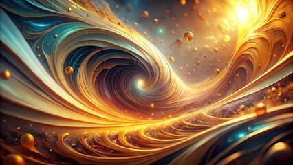 Abstract swirling cosmic landscape of vibrant gold and teal hues, featuring luminous orbs and a radiant central core