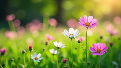 Delicate pink and white Mayflower wildflowers blooming in a lush green meadow, bathed in soft sunlight Perfect for spring themes and nature imagery , botany, light