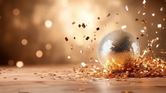 A stunning disco ball is captured amidst a burst of golden confetti, radiating light and creating a festive atmosphere, perfect for parties and celebrations. - Powered by Adobe
