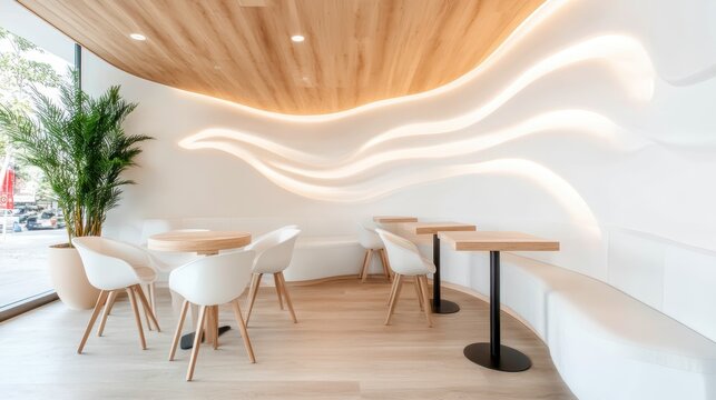 A stylish cafe interior featuring sleek furniture, warm ambient lighting, and a welcoming atmosphere for relaxation and socializing, ideal for casual meetings or coffee breaks.