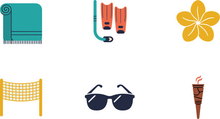 Compact towel flippers sunglasses flower and diving essentials for high summer activity icon theme   © RA Studio