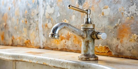 A weathered metallic faucet on a rusty surface against a mottled wall