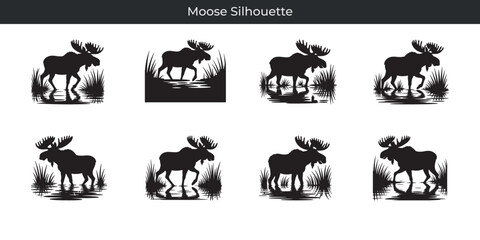 Obraz premium Elegant moose silhouette in nature walking through water and greenery elements