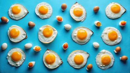 A vibrant flat lay showcasing a delightful arrangement of fried eggs and whole eggs, aesthetically positioned on a bright blue background.