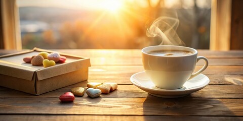 Warm morning sunlight streams through a window, illuminating a steaming cup of coffee and a box of heart-shaped sweets on a rustic wooden table