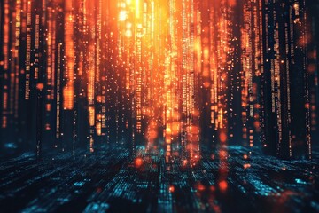 Fototapeta premium Digital code streams cascading downward in a dark space.