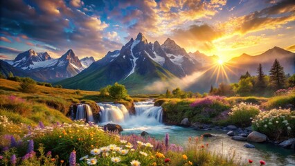 Serene Waterfall Cascading Through Vibrant Wildflower Meadow at Sunrise, Majestic Mountain Range Backdrop