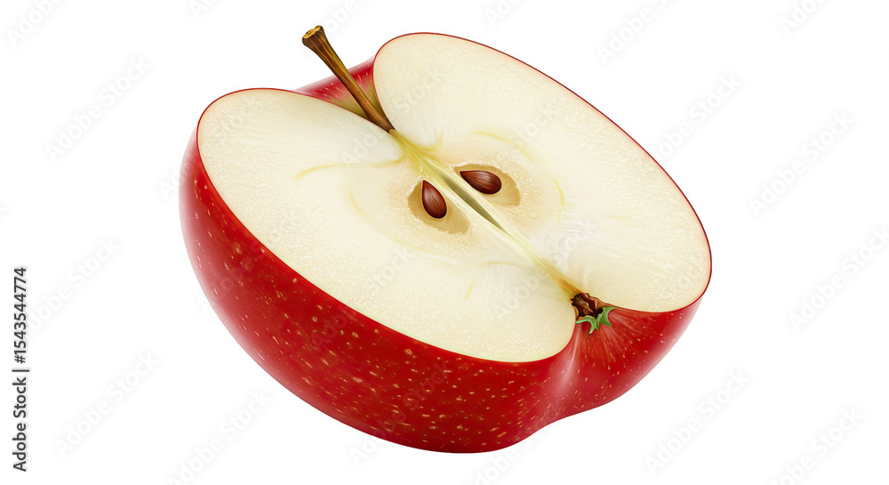 Poster a close up view of a freshly cut red apple with seeds on a black background