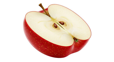 A close up view of a freshly cut red apple with seeds on a black background