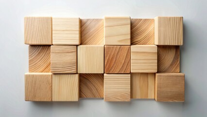 Arrangement of light brown wooden blocks forming a geometric pattern on a neutral background