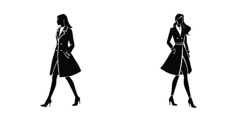 Chic Girl in Trench Coat Walking Silhouette on White Background