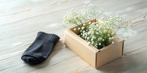 A single dark gray sock rests beside a small, rustic cardboard box overflowing with delicate white wildflowers on a light wooden surface.