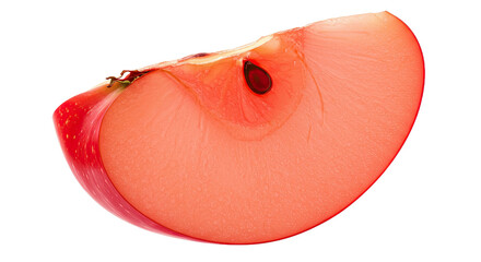 A close up studio shot of a single slice of a red apple against a black background
