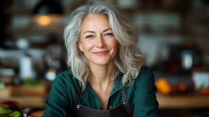 Fototapeta premium A cheerful mature woman with silver hair smiles warmly at the camera in a cozy cafe setting, showcasing her friendly personality and welcoming demeanor to patrons.
