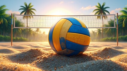 Colorful volleyball and beach ball on a sandy summer beach with a net, perfect for a fun game by the sea