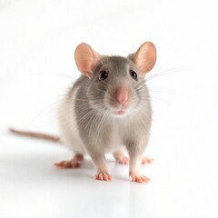 Adorable domestic rat on white background with cute whiskers and pink nose