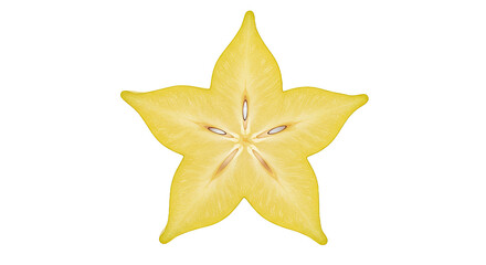 A beautifully sliced star fruit isolated against a stark black background.