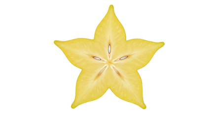 A beautifully sliced star fruit isolated against a stark black background.