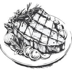 Hand drawn grilled steak with rosemary basil garlic and tomatoes on plate
