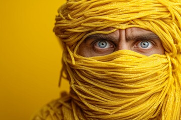 Man stares intensely, wrapped in yellow pasta like a turban on vibrant background, creating a surreal and humorous visual. For concepts involving food art, satire, or imaginative advertising.