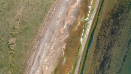 An aerial view of the green waters and salty coastline of an estuary.
