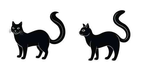 Graceful depiction of a Russian Blue cat tail flicking Flat Silhouette on White Background