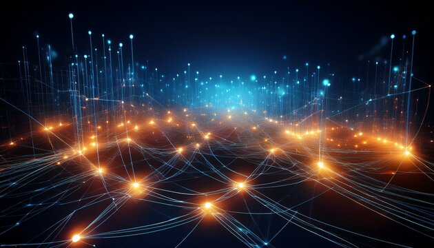 abstract digital illustration of a network glowing nodes and lines form a complex web suggesting connectivity and data flow the dark background enhances the luminescence of the connections