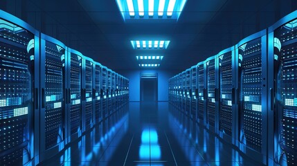 Fototapeta premium Data Center Server Room Background: High-Tech Infrastructure, Cooling Systems, and Networking Environments